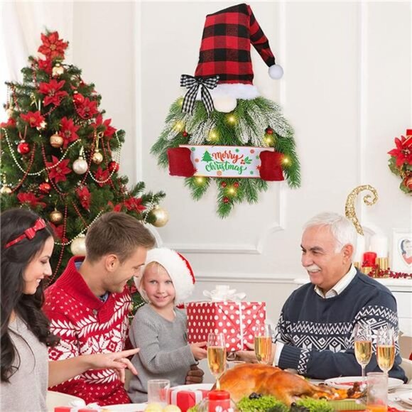 Artificial Pine Spruce Hanging Gnome Wreath with Lights - Picture 2 of 7